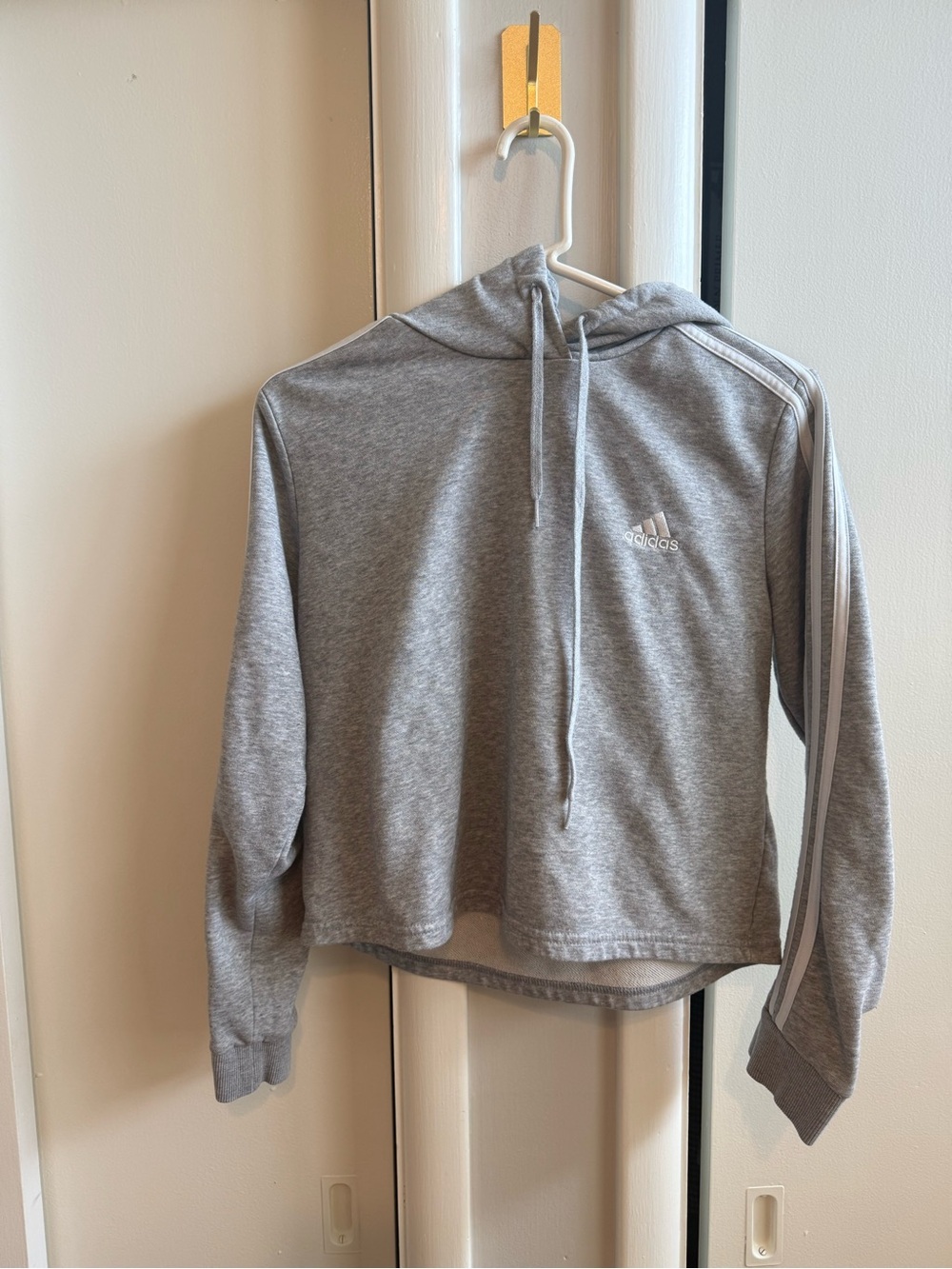 adidas Gray Hooded Crewneck with Three-Stripe Sleeve